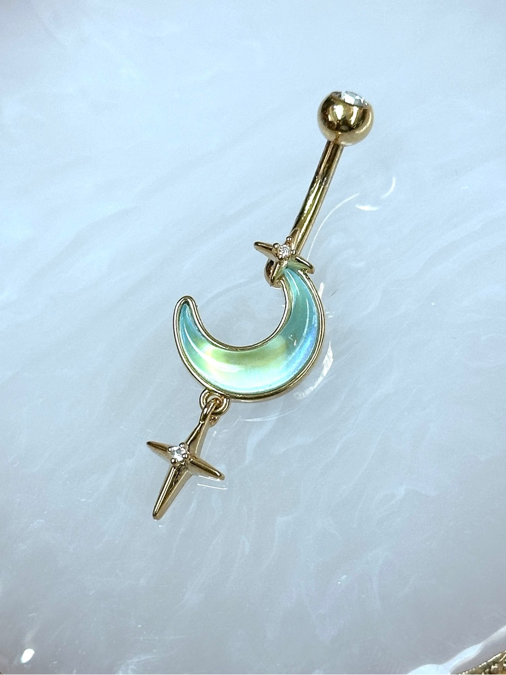 Gold Plated gem moon and star dangle belly button ring navel ring 14 gauge new